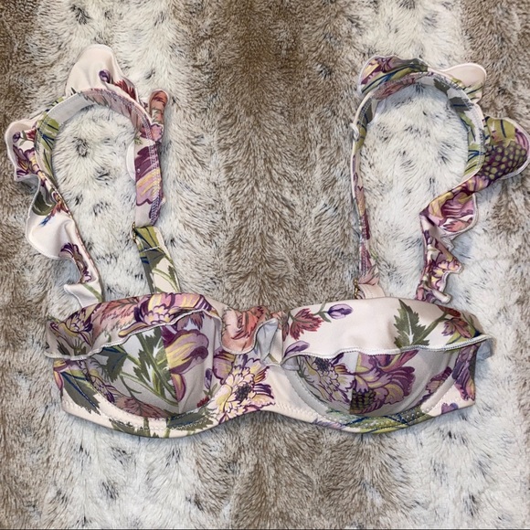 COPY - HM FLORAL BALCONETTE BIKINI BRA TOP in WHITE w/ PURPLE GREEN & GOLD HARD… - Picture 1 of 5
